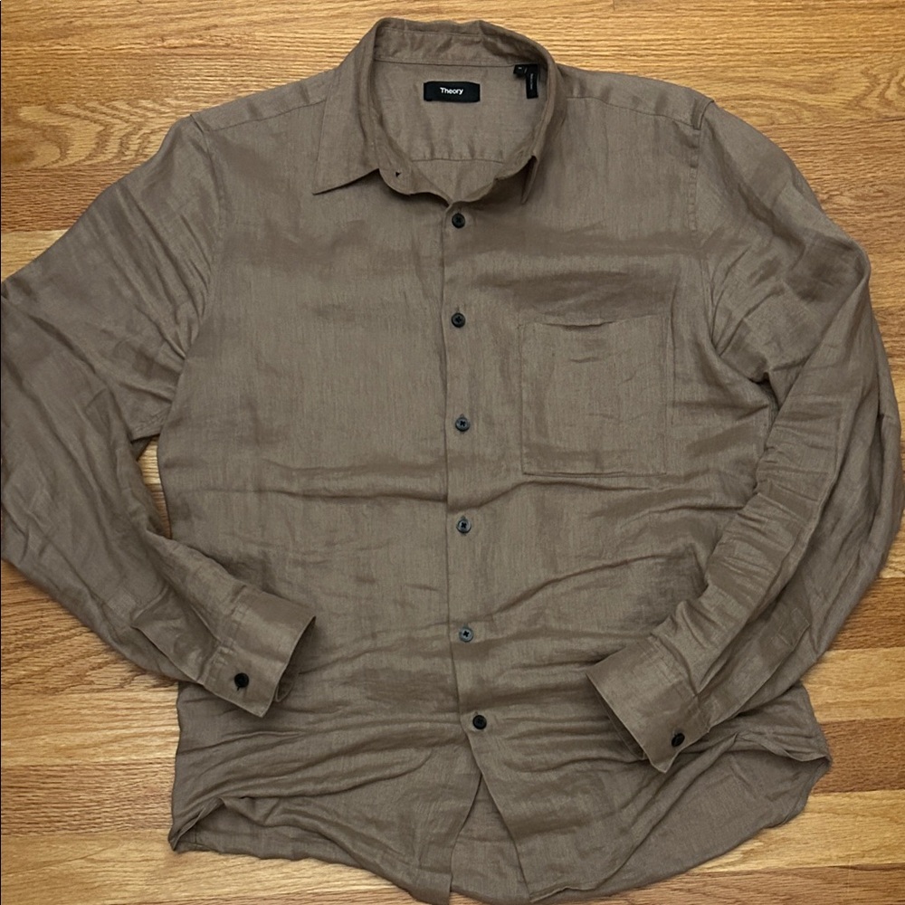 Theory Men's Taupe Linen Button-Down Shirt